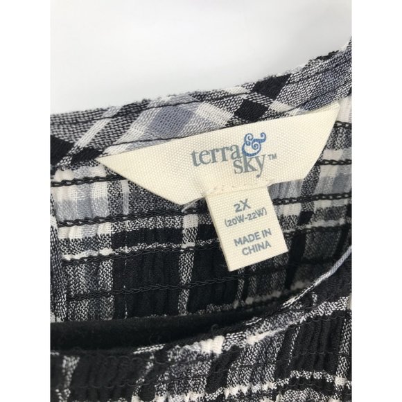 Terra & Sky Tiered Peasant Boho Smocked Midi Dress Black White Plaid 2X NEW - Picture 4 of 6